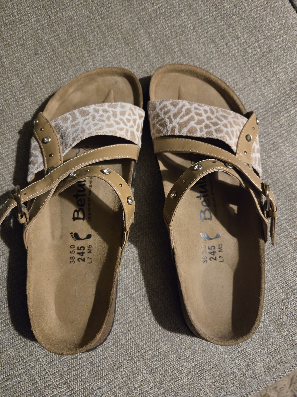 Birkenstock Betula Tan and White Patterned Slide Sandals with Studded Straps